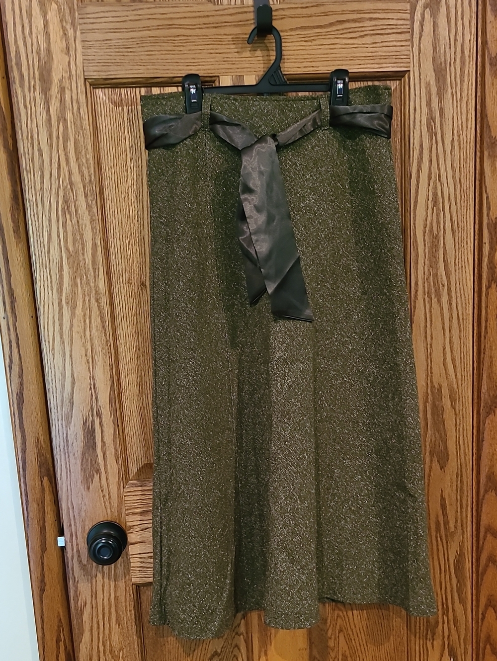 White Stag Olive Green Metallic Midi Skirt with Satin Waist Tie